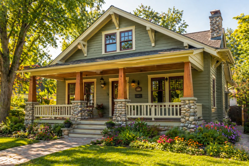 Pewter green Craftsman house with natural stone porch columns and cream trim