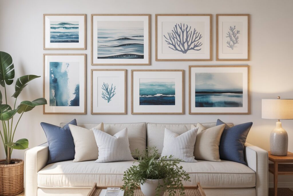Ocean-themed gallery wall with coastal art prints above a linen sofa in a coastal living room