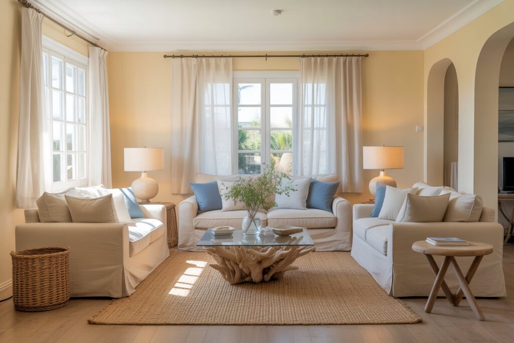 Sandy neutral color palette in a coastal living room with ivory walls and beige linen furniture