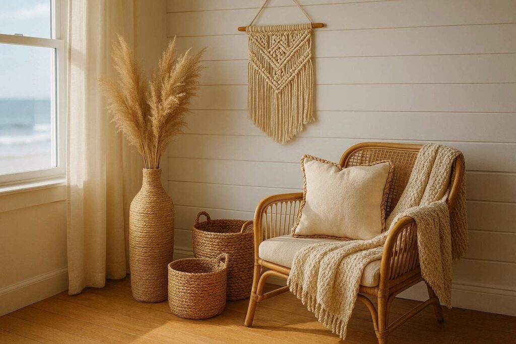 Jute rope and macrame accessories adding coastal texture to a living room corner
