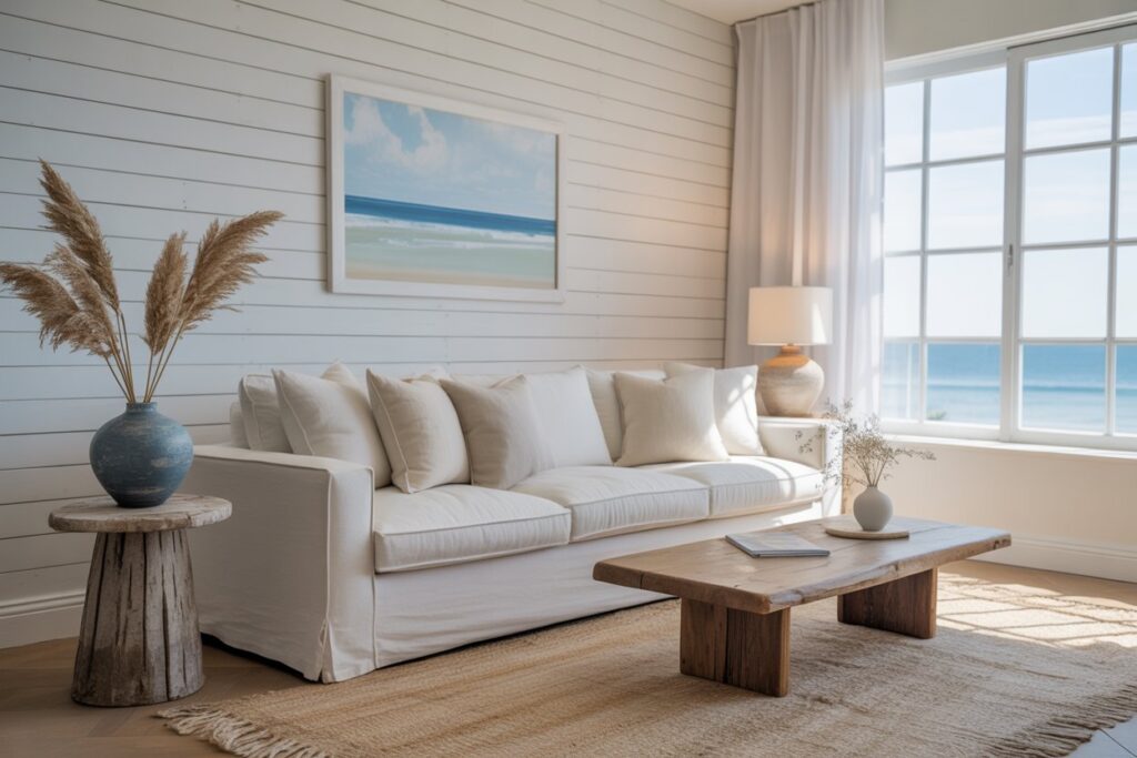 White shiplap accent wall in a coastal living room with linen sofa and natural wood decor