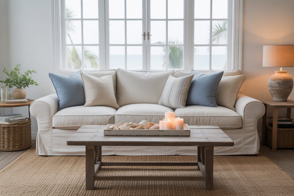  Linen slipcovered sofa with coastal throw pillows and driftwood accents in a bright living room