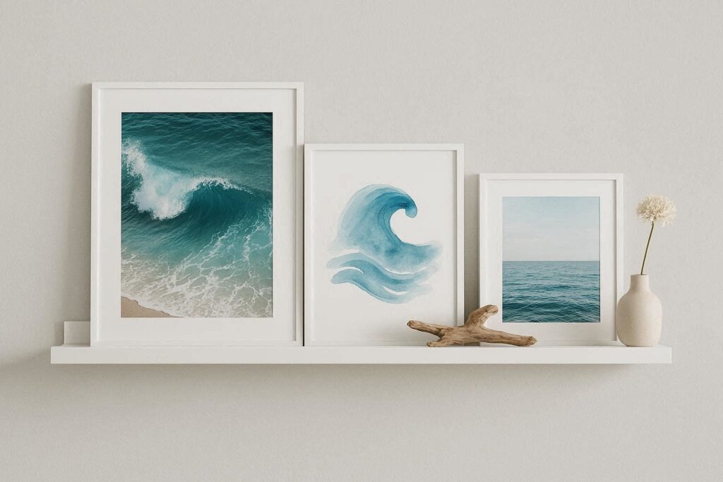 Coastal gallery ledge with leaned ocean art prints and driftwood sculpture on a living room wall