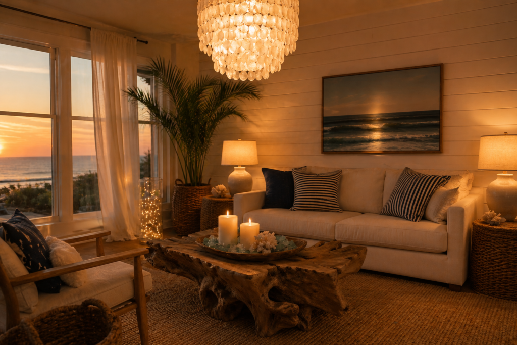 Layered lighting in a coastal living room with capiz chandelier, table lamps, and candle glow