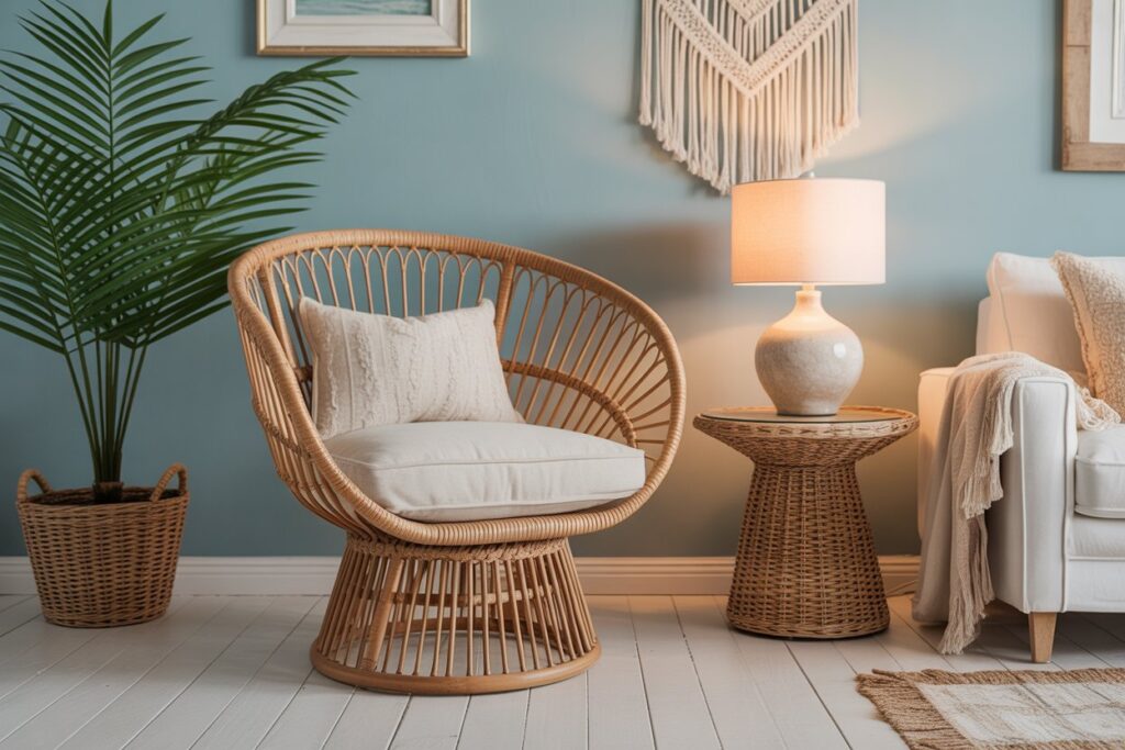  Rattan armchair and wicker furniture in a boho coastal living room with natural textures