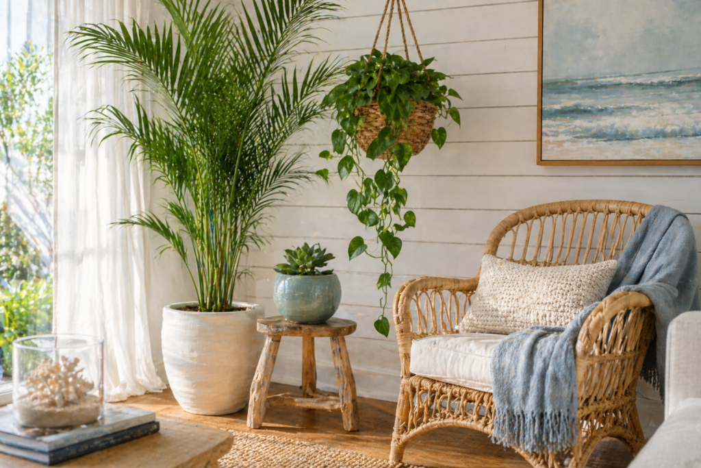 Tropical houseplants in a coastal living room corner with areca palm and trailing pothos