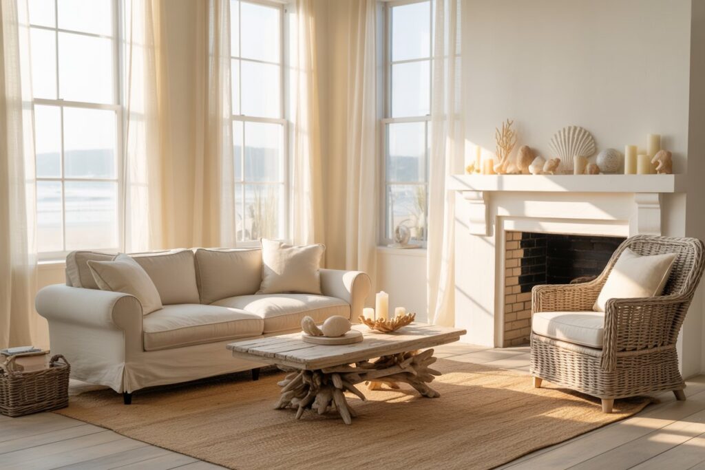 Natural seagrass area rug in a coastal living room with ivory sofa and driftwood furniture