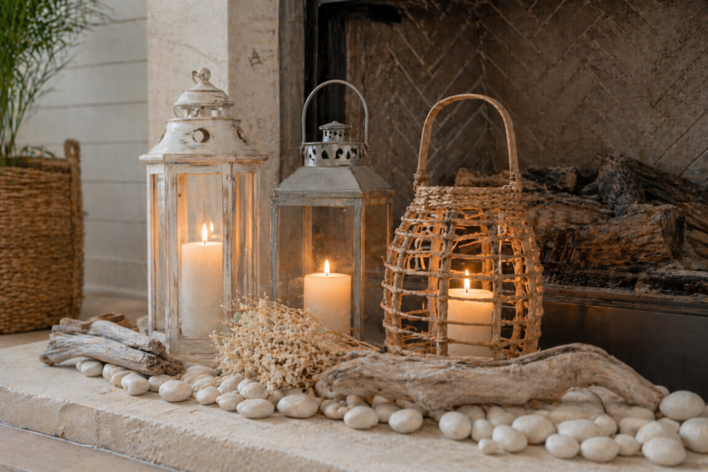 Coastal lanterns and candle cluster styled on a living room fireplace hearth