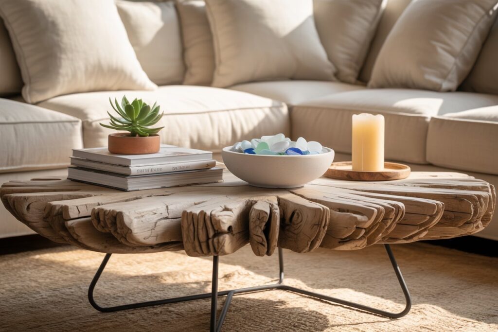 Driftwood coffee table styled with sea glass and candles in a coastal living room