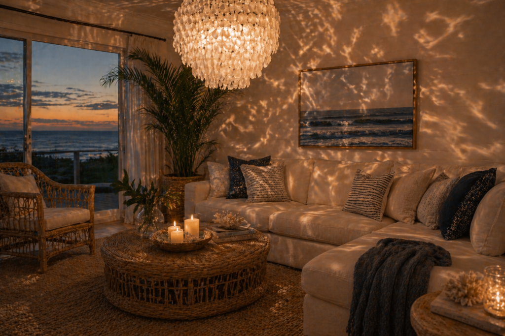 Capiz shell pendant light casting dappled coastal light over a cream living room at dusk