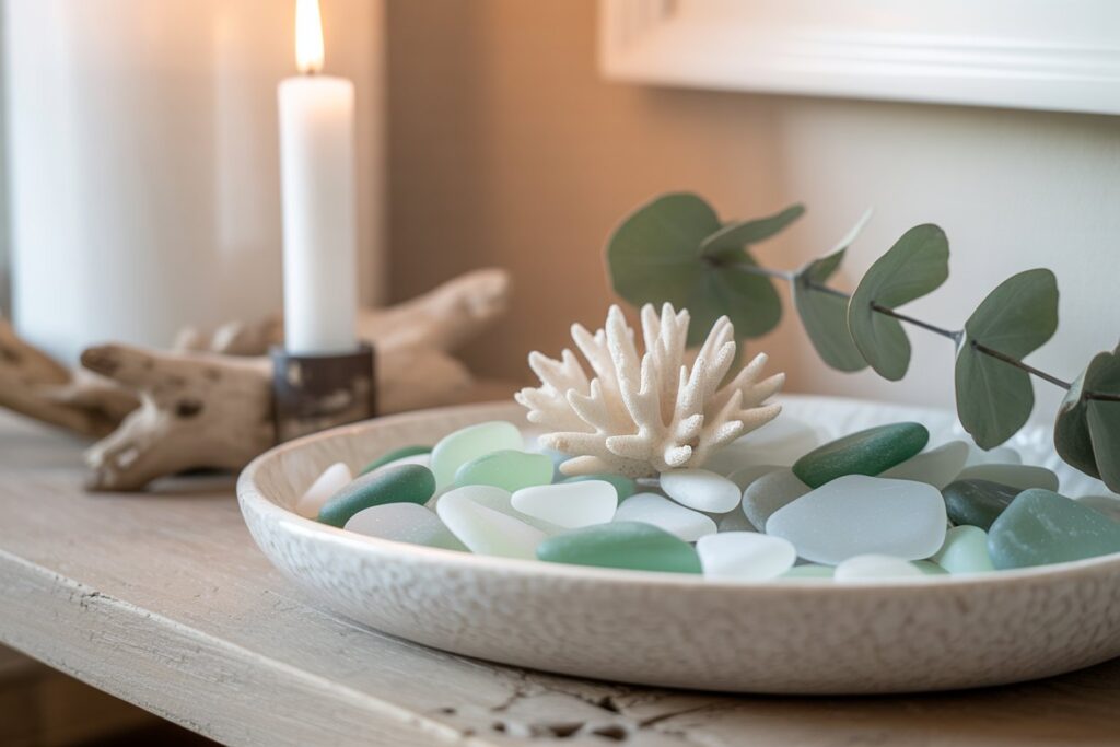 Sea glass and shell vignette styling on a coastal living room coffee table