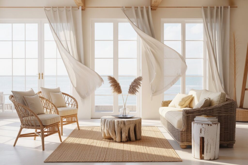 Sheer white linen curtains billowing in a bright coastal living room with natural light