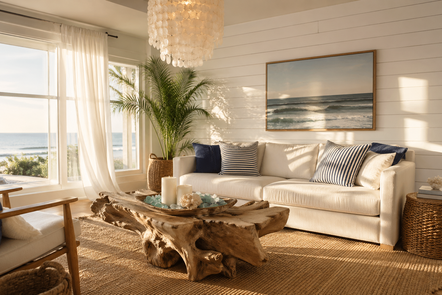 Stunning coastal living room decor with ivory linen sofa, driftwood coffee table, shiplap wall, and sheer curtains in a bright beach-inspired interior