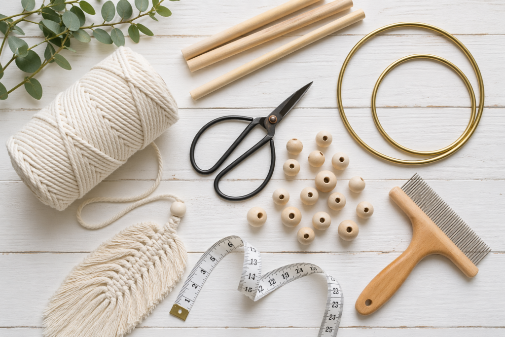  Essential materials for DIY macrame wall hangings laid out flat – cotton cord, wooden dowels, scissors, beads, and brass hoops