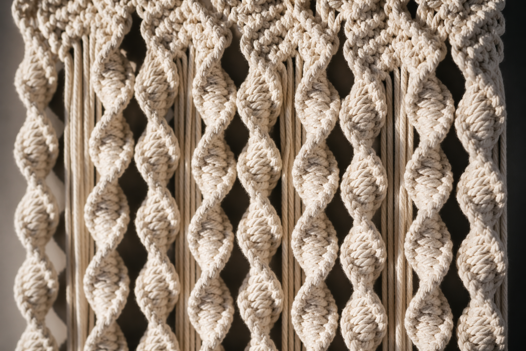 Spiral half-hitch column detail in a DIY macrame wall hanging showing the twisted 3D rope texture