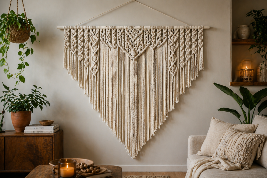 Cascading waterfall DIY macrame wall hanging with graduated cord lengths creating a crescent silhouette