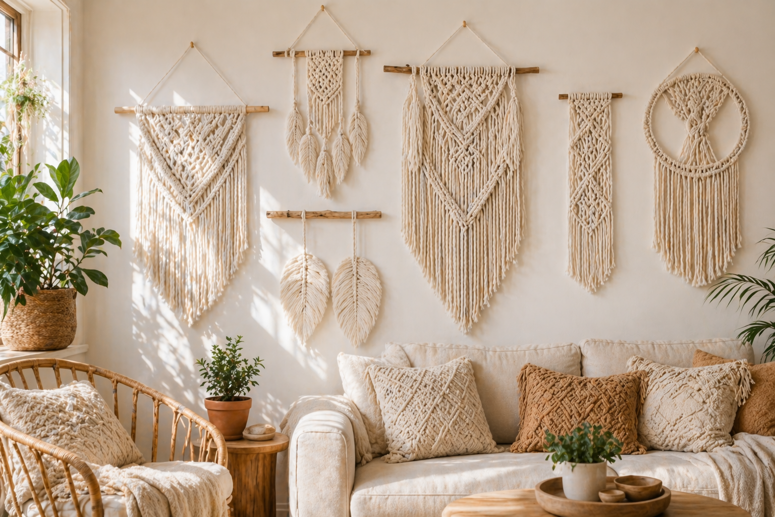 DIY macrame wall hangings displayed on a white boho living room wall – beginner macrame ideas