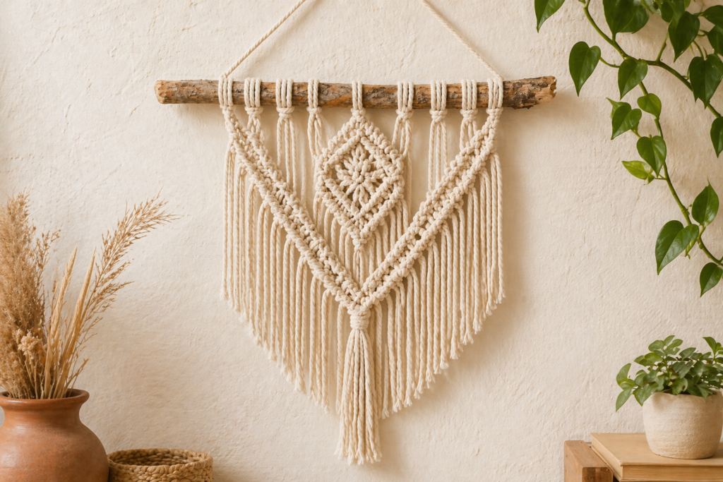 Rustic DIY macrame wall hanging using a natural found wood branch with cream cotton fringe