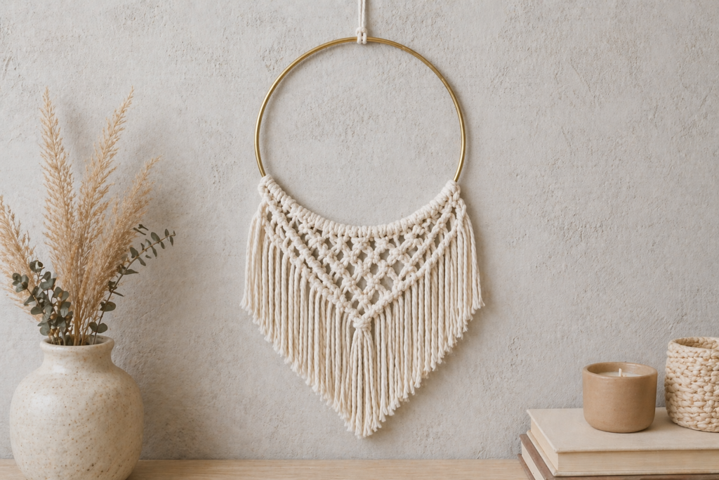 Minimalist DIY macrame wall hanging on a brass ring hoop with V-shaped fringe – modern bohemian decor