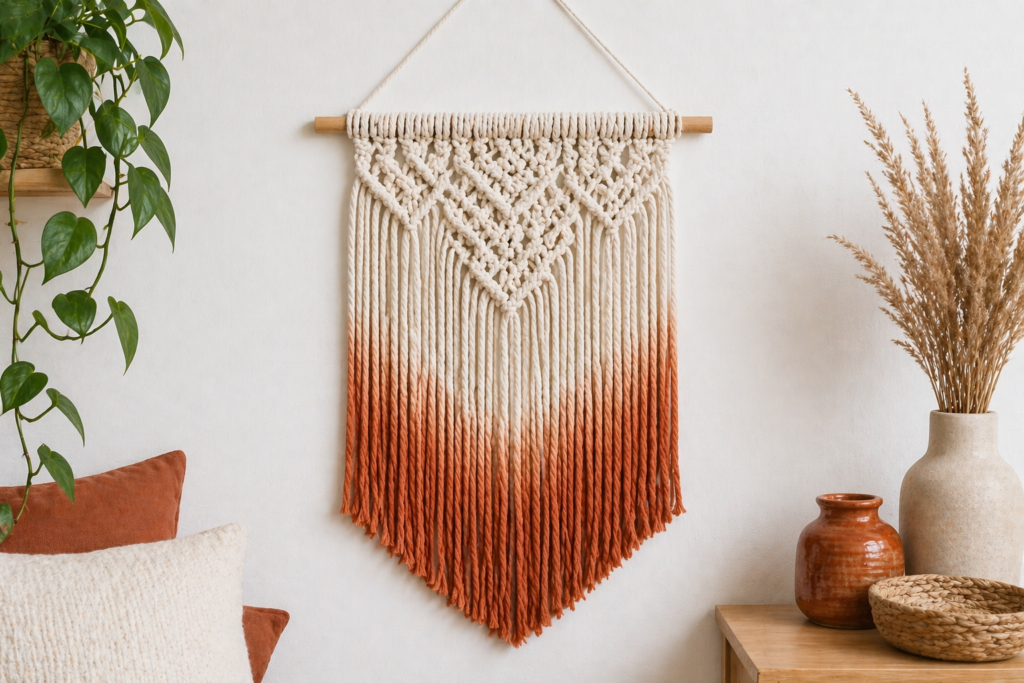 Dip-dyed DIY macrame wall hanging with terracotta ombre fringe against a white wall