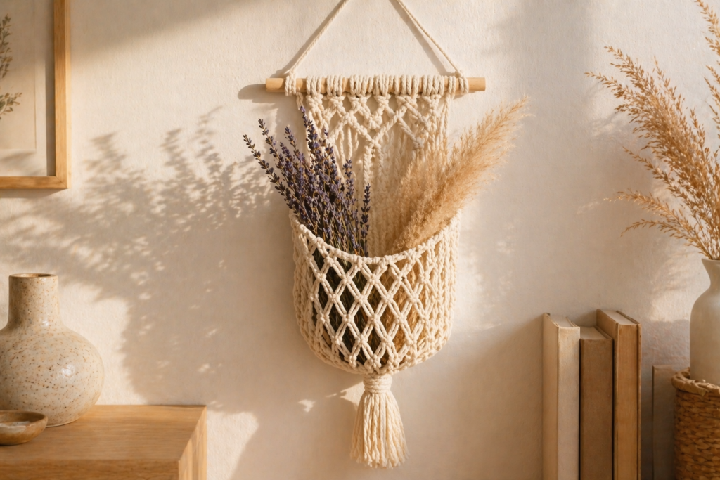 DIY macrame wall pocket hanging with dried lavender and pampas grass – functional boho home decor idea