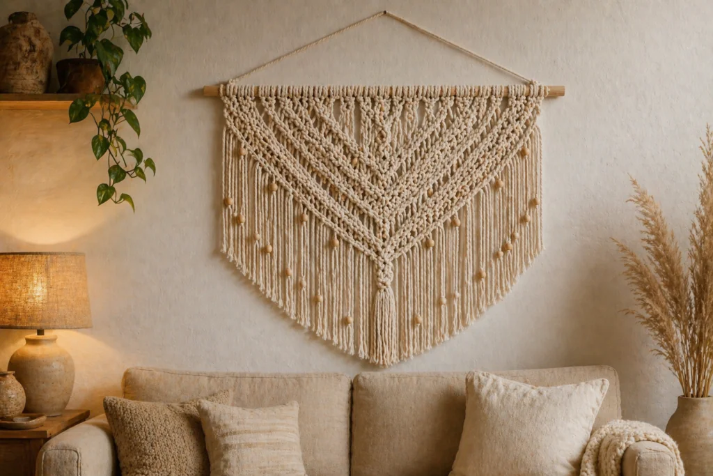 Large DIY macrame wall hanging with wooden beads displayed above a linen sofa – statement boho living room decor