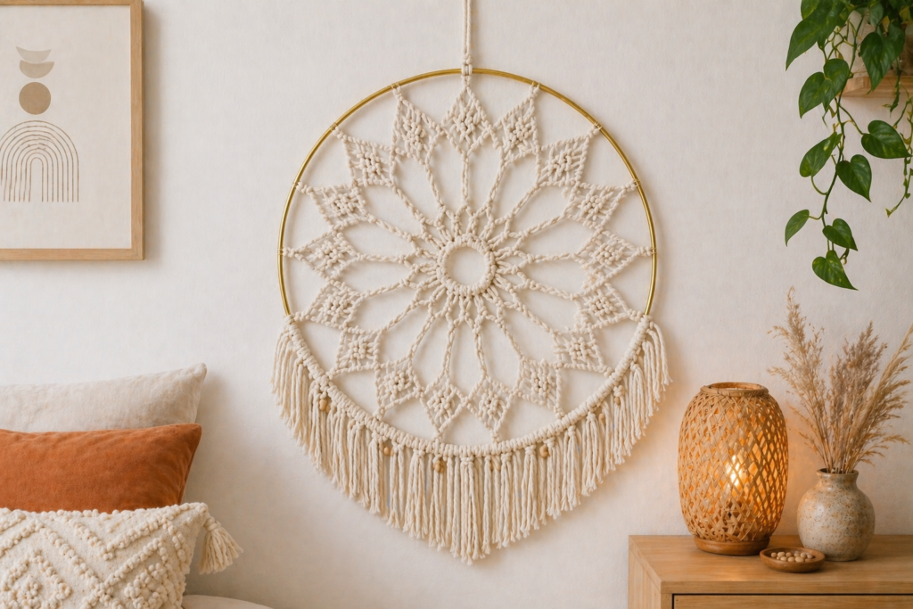DIY macrame mandala sun hoop wall hanging with radial pattern in cream cotton cord on a brass ring