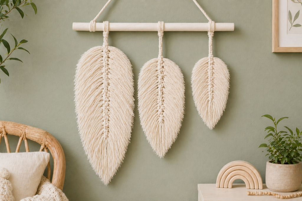 DIY macrame feather trio wall hanging in cream cotton cord displayed on a sage green wall