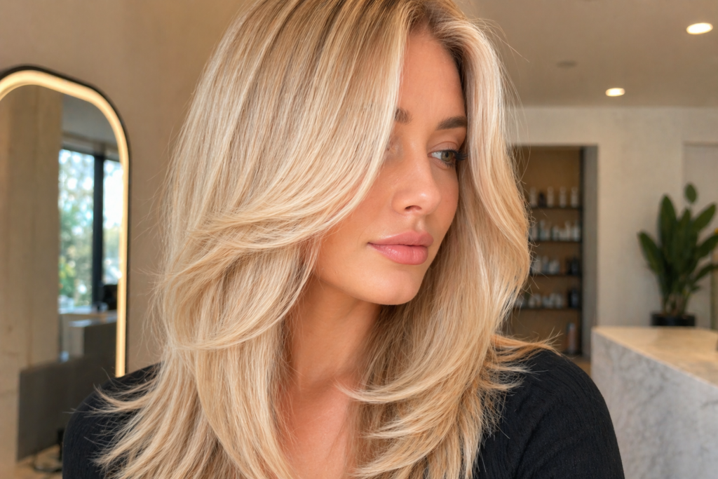 Classic creamy blonde hair with face-framing layers and smooth shine – May Hair Color Ideas 2026