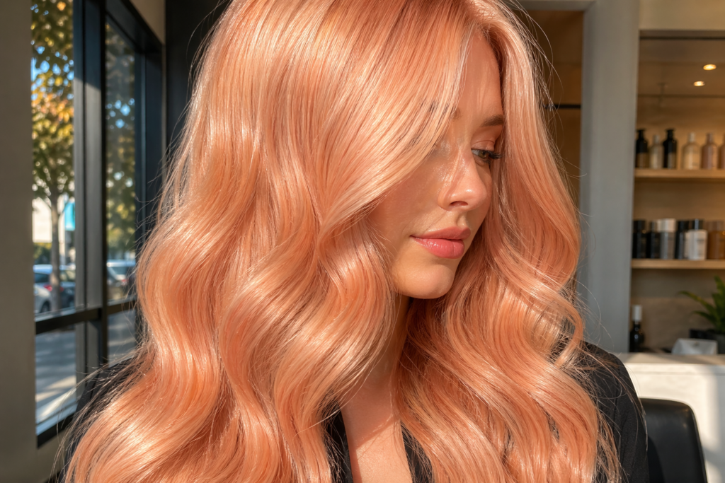 Soft peach blonde hair color with glossy waves and warm pastel tones – May Hair Color Ideas 2026