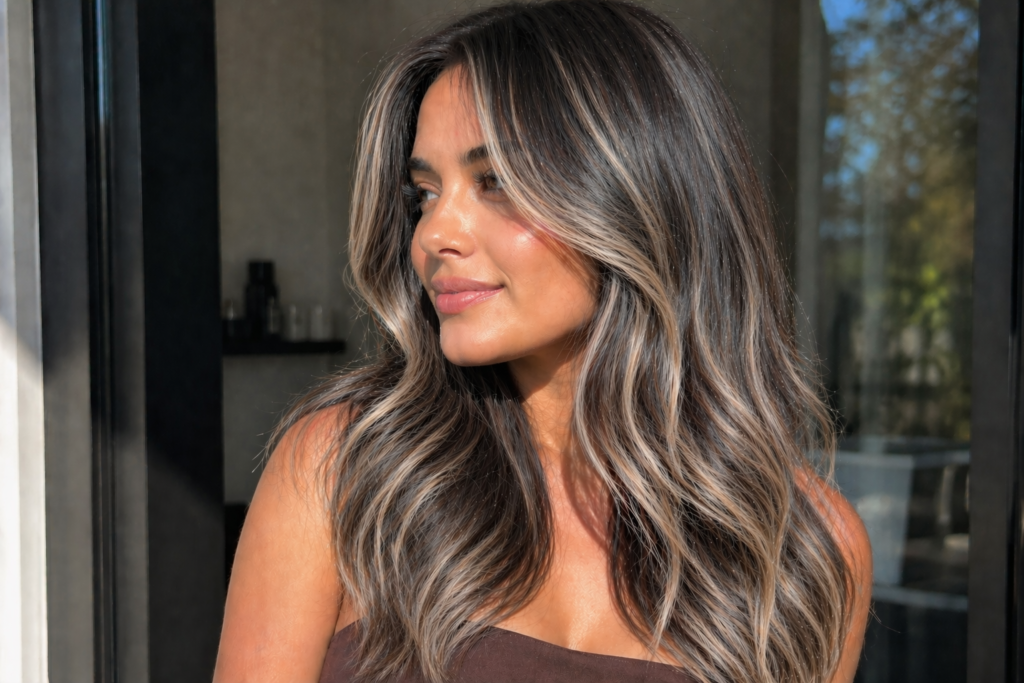 Cool brunette hair with bold blonde highlights and modern contrast – May Hair Color Ideas 2026