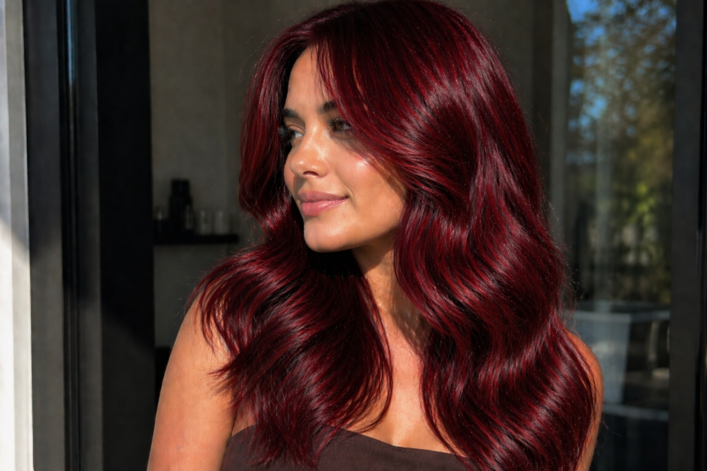 Deep cherry red hair with soft waves and glossy velvet shine – May Hair Color Ideas 2026
