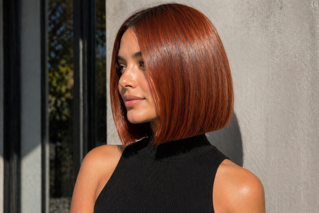 Sleek copper bob haircut with straight glossy finish and modern style – May Hair Color Ideas 2026