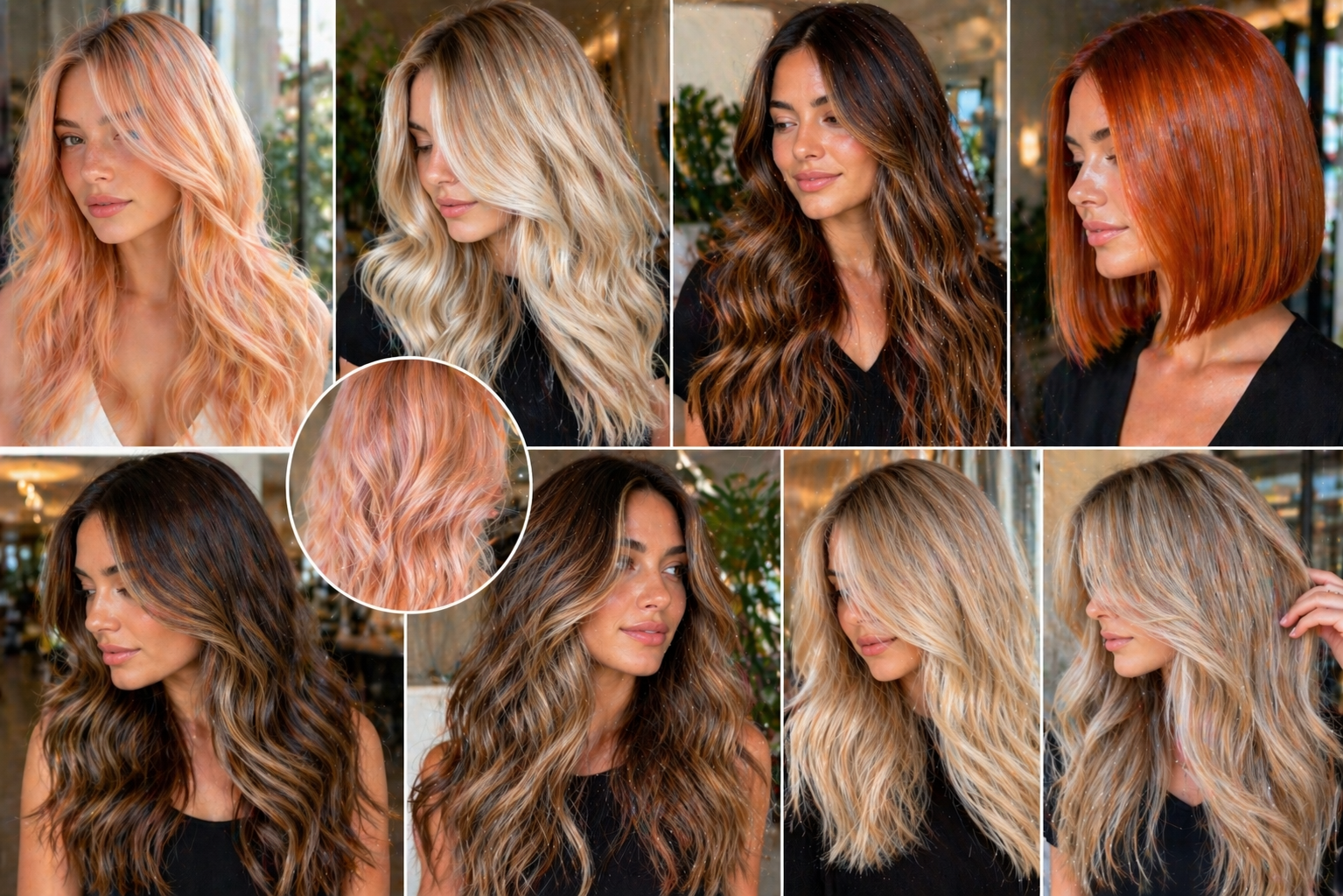 May Hair Color Ideas 2026 collage featuring blonde, brunette, and copper trendy hairstyles with glossy finish