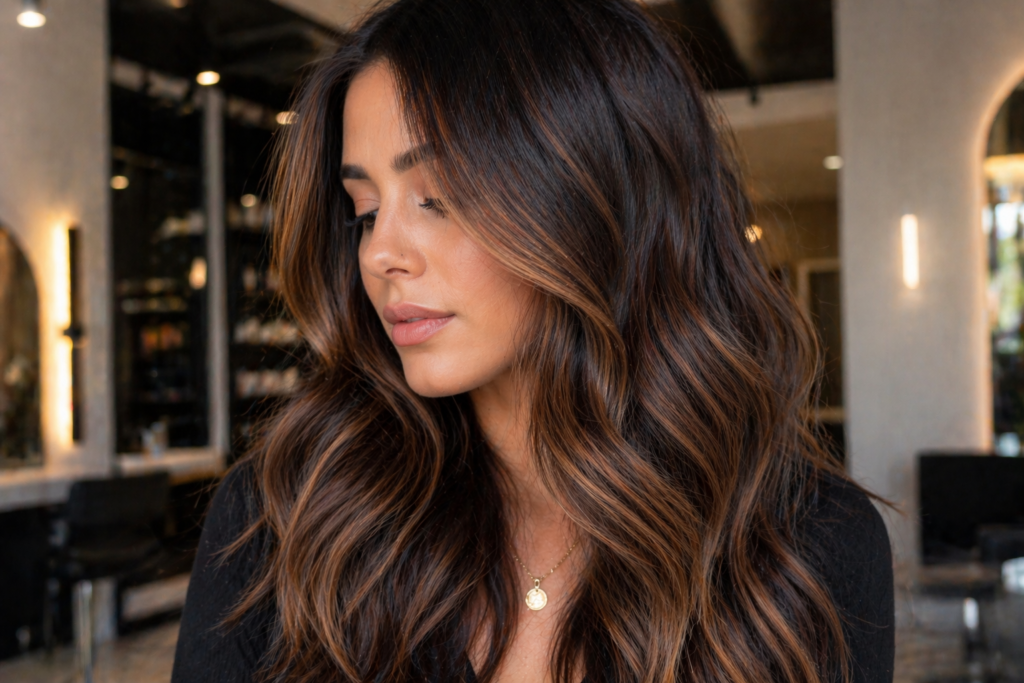 Dimensional brunette hair with subtle caramel highlights and soft waves – May Hair Color Ideas 2026