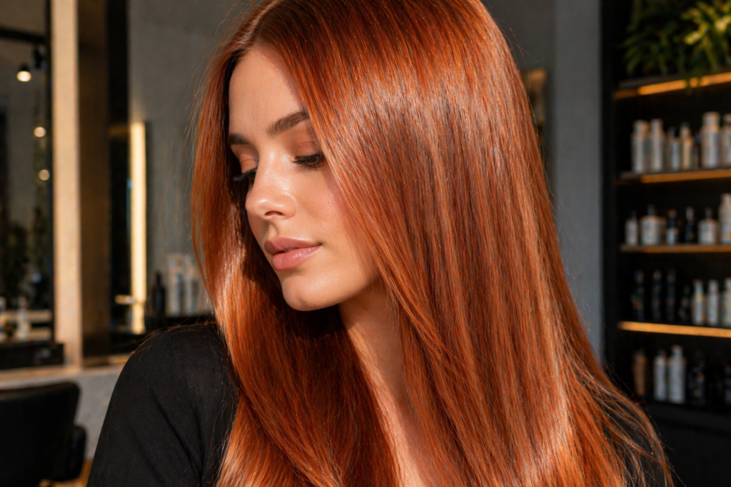 Warm copper silk hair color with sleek straight finish and glossy shine – May Hair Color Ideas 2026