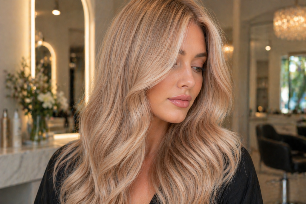 Neutral beige blonde hair with soft volume and natural glow – May Hair Color Ideas 2026
