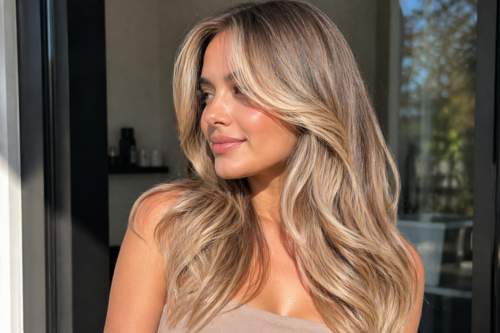 Beige blonde hair with face-framing highlights and soft waves – May Hair Color Ideas 2026