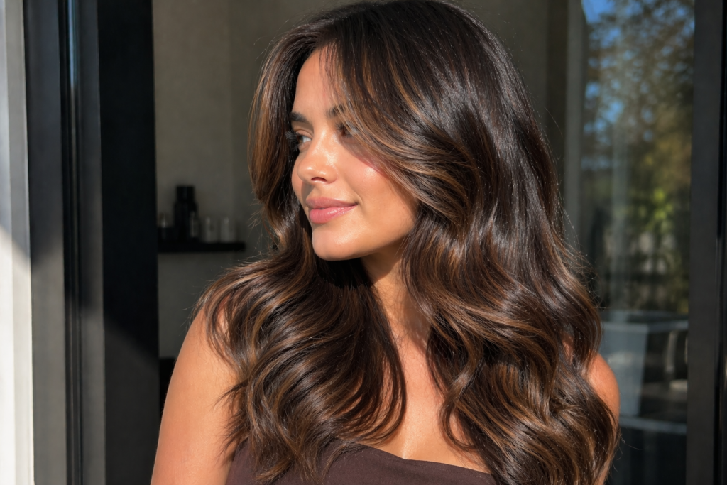Dimensional espresso brunette hair with caramel contour and glossy finish – May Hair Color Ideas 2026