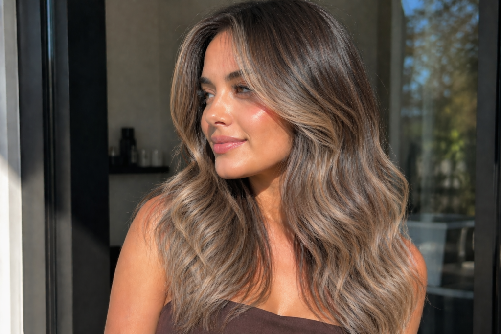 Cool-toned bronde hair with shadow root and soft waves – May Hair Color Ideas 2026