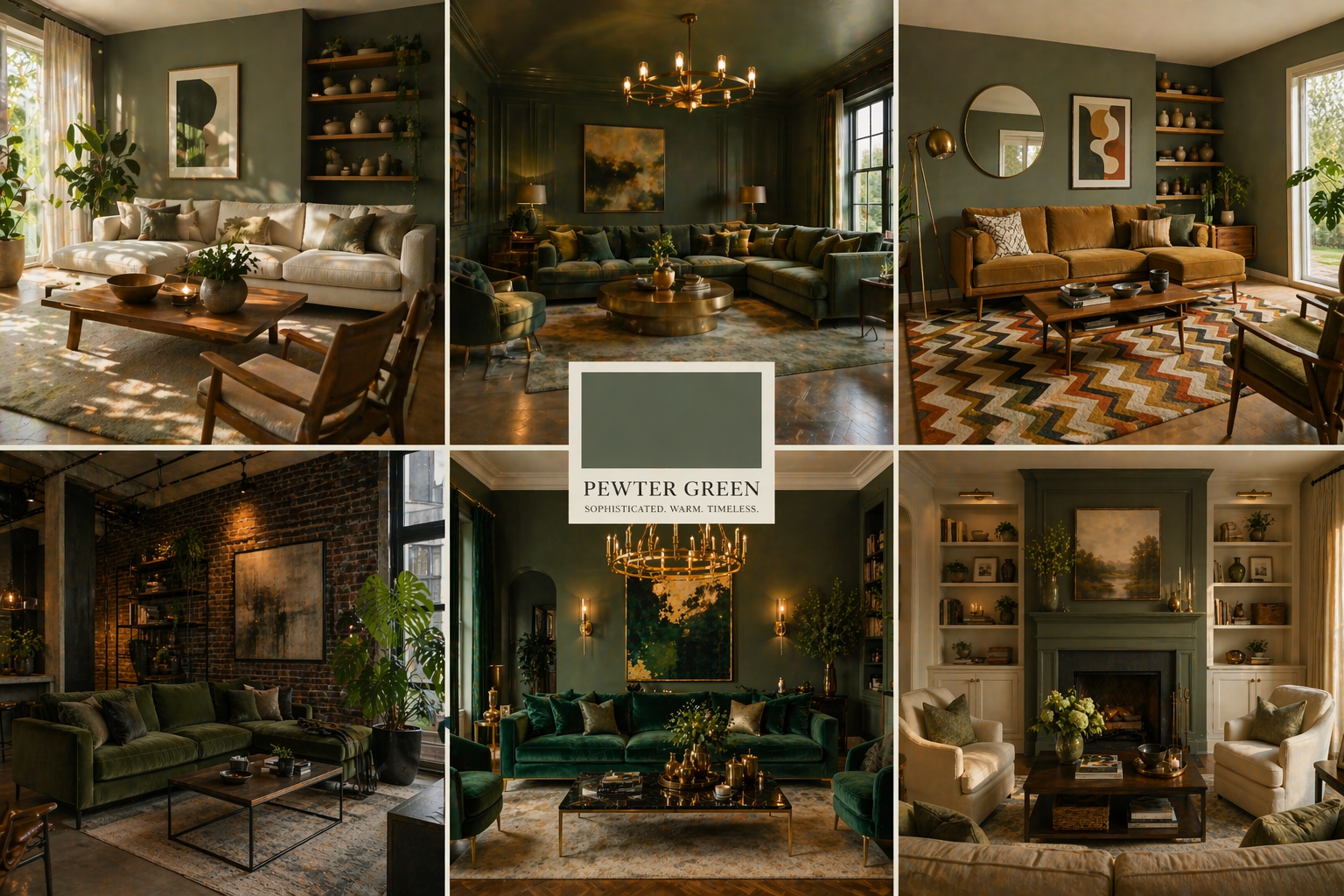 Pewter green living room ideas collage showing 7 elegant interior design styles including modern organic, mid-century, and luxe gold parlor
