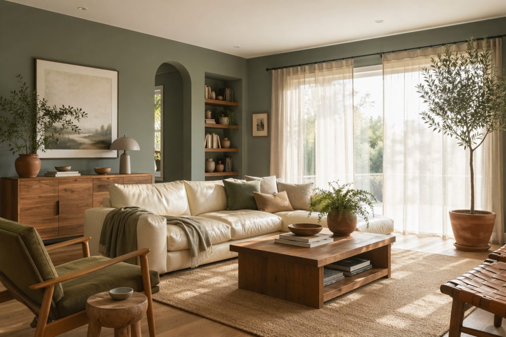 Pewter green living room ideas featuring a modern organic retreat with natural wood and cream accents