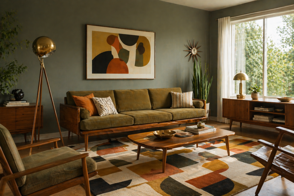 Mid-century pewter green living room idea with walnut furniture and brass light fixtures