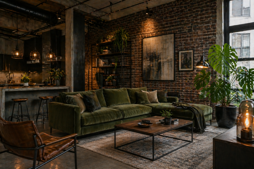 Industrial loft pewter green living room idea with velvet sofa and exposed brick