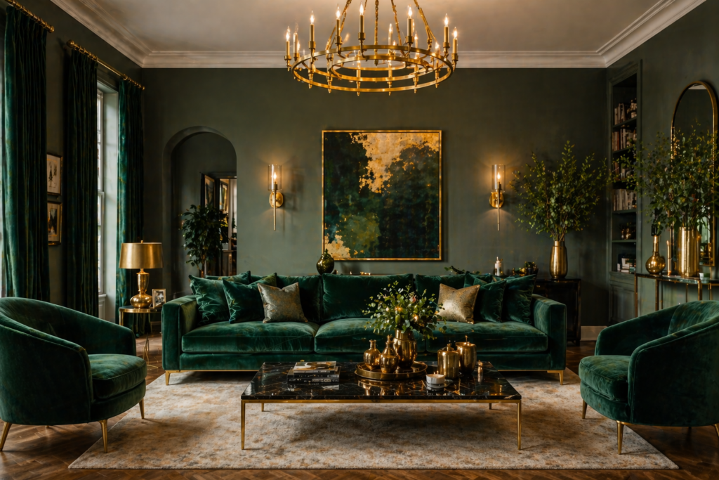 Luxe emerald and gold pewter green living room idea with velvet sofa, brass chandelier, and jewel-tone accents