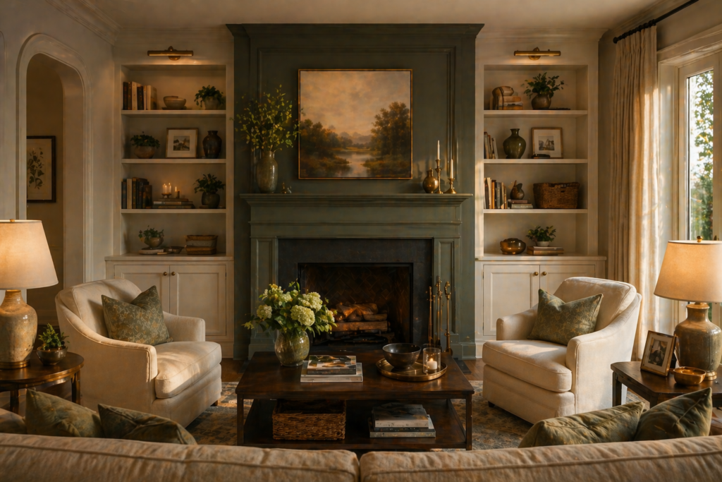 Transitional pewter green living room idea with statement fireplace and built-in shelving