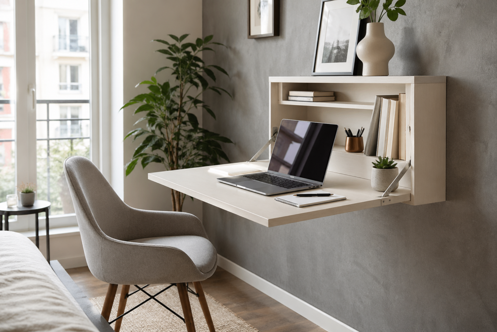 Small home office idea using a floating wall-mounted desk with a laptop and minimalist decor