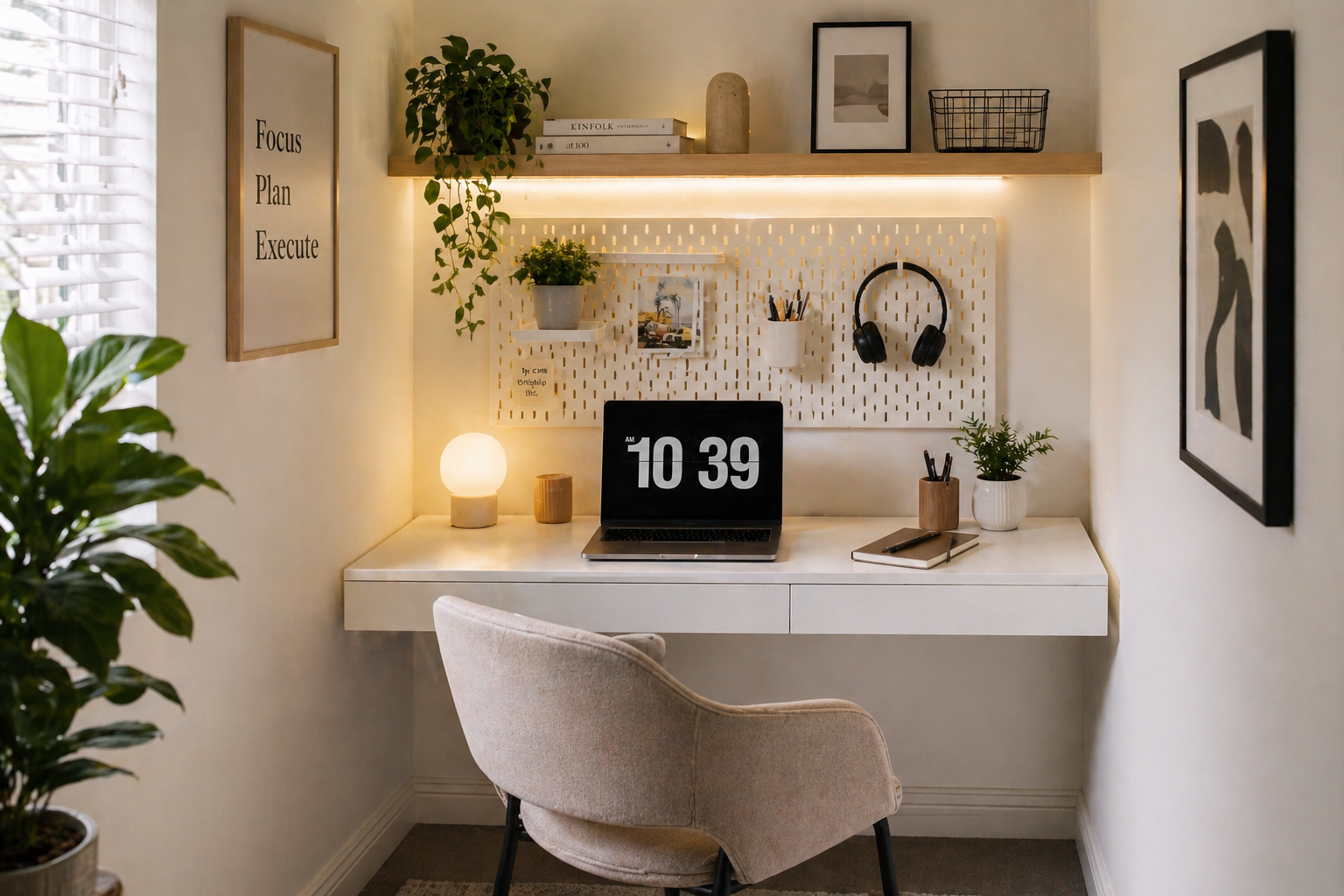 Small home office ideas featuring a floating desk setup with pegboard and warm lighting