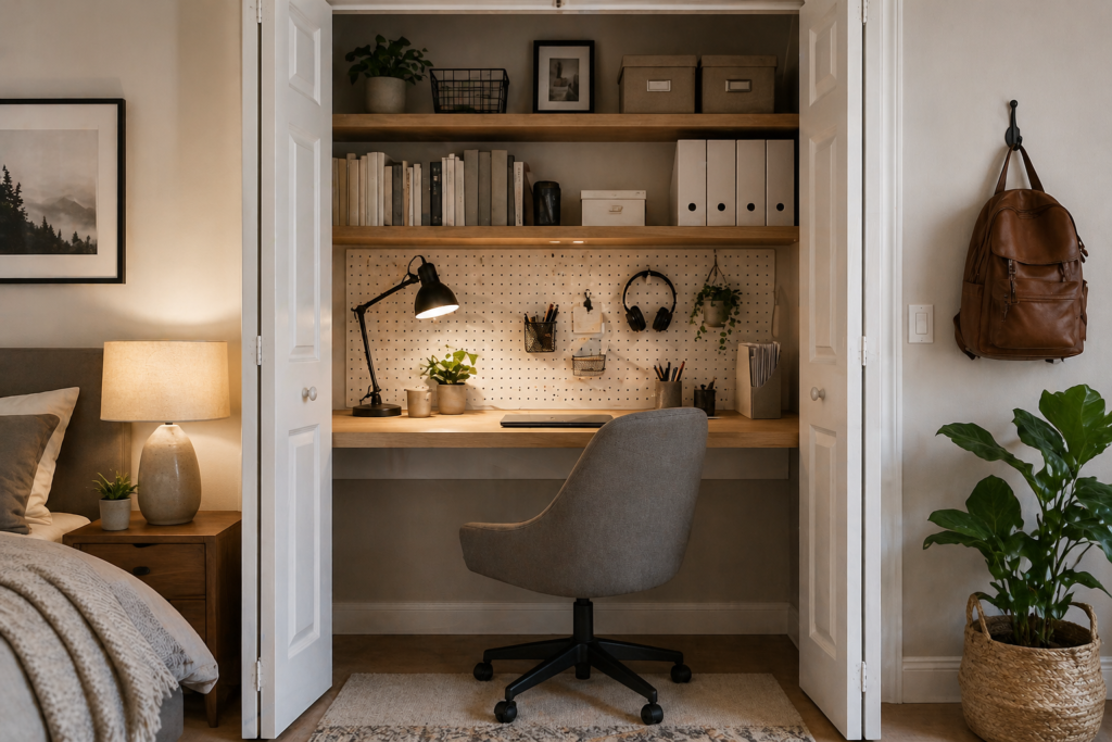 Small home office ideas showing a cloffice — a closet converted into a productive workspace with shelving and desk