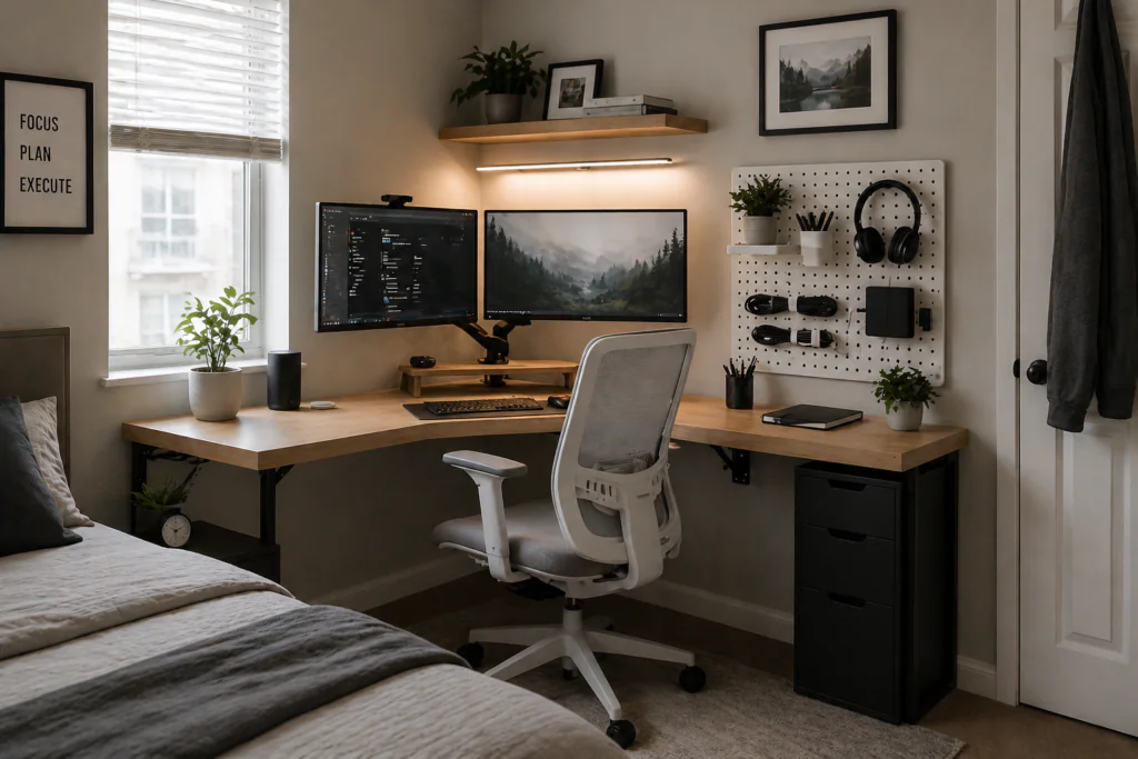 Small home office ideas with an L-shaped corner desk and dual monitor setup in a compact bedroom